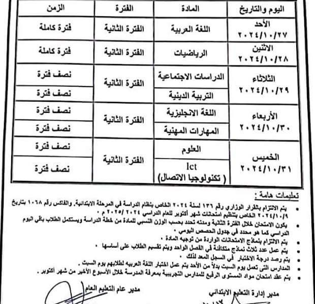 بجميع المحافظات تعرف علي جدول امتحانات شهر اكتوبر للصف السادس الابتدائي 2024