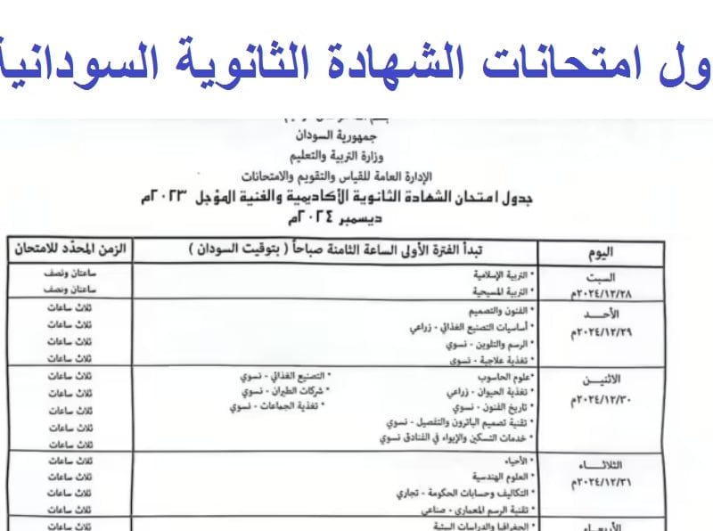 التعليم السوداني يوضح جدول امتحانات الشهادة السودانية 2025