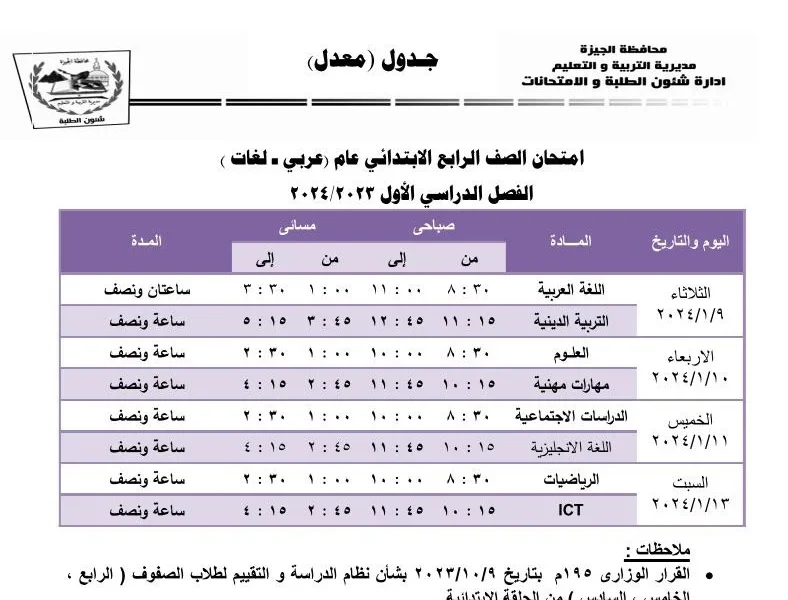 احصل علي جدول امتحانات الصف الثالث والرابع و الخامس والسادس الابتدائي الترم الأول 2025