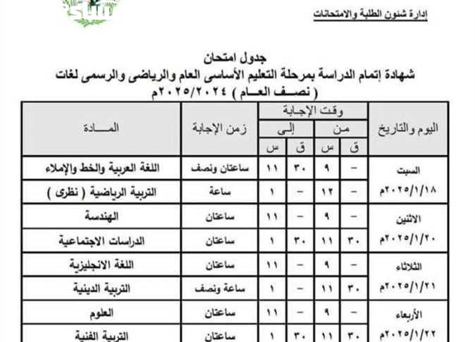 جداول امتحانات الشهادة الاعدادية ترم اول 2025 جميع المحافظات