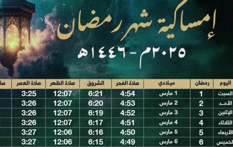 لمعرفة مواعيد الصيام والسحور طوال الشهر الكريم.. امساكية شهر رمضان السعودية 2025