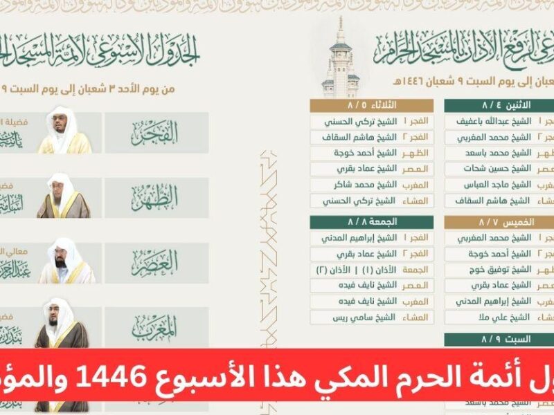 الجدول كامل.. جدول أئمة الحرم المكي الأسبوع ده 2025 / 1446 بالتواريخ والأسماء