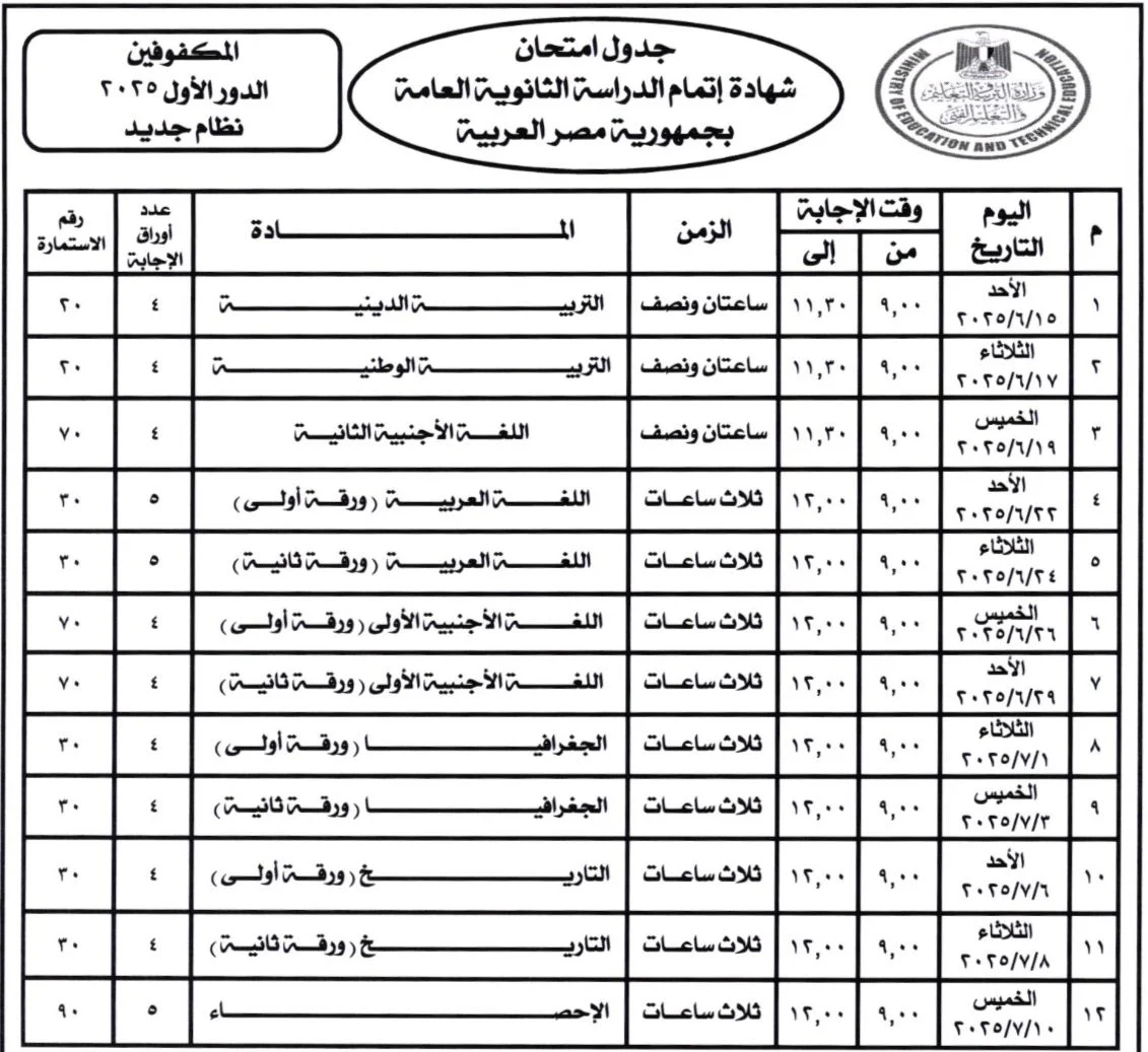 جدول امتحانات الثانوية العامة